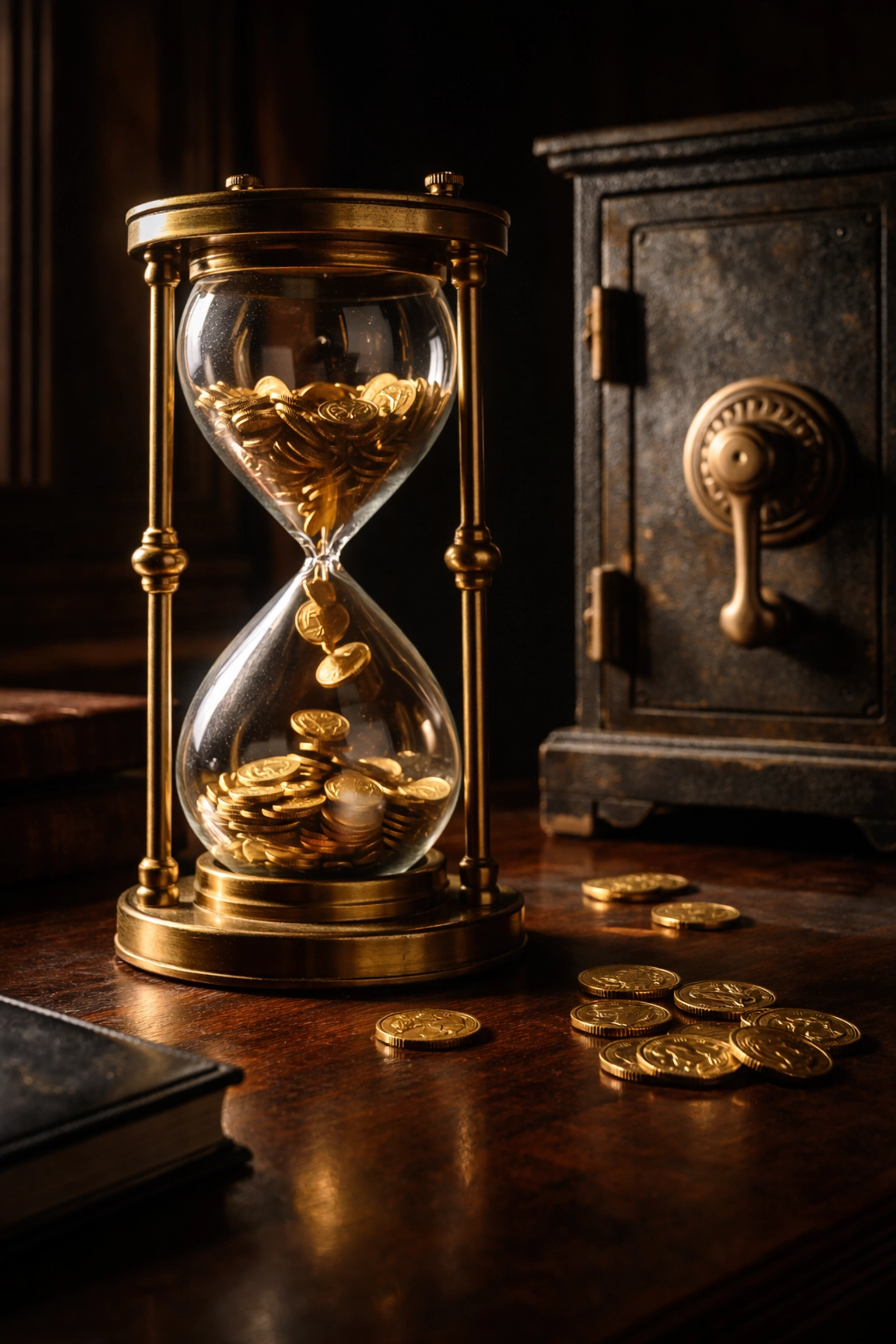 Hourglass filled with gold coins beside a vintage safe, illustrating the illiquidity and patience required in investments