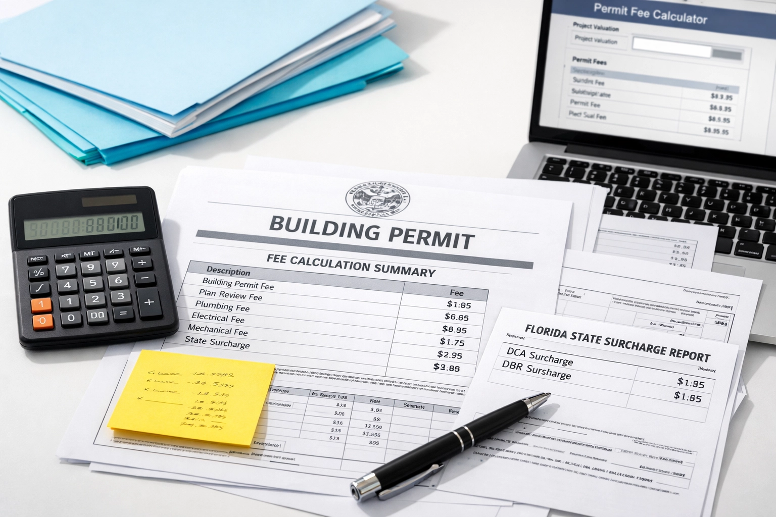 Florida building permit fee calculation documents with state surcharge forms