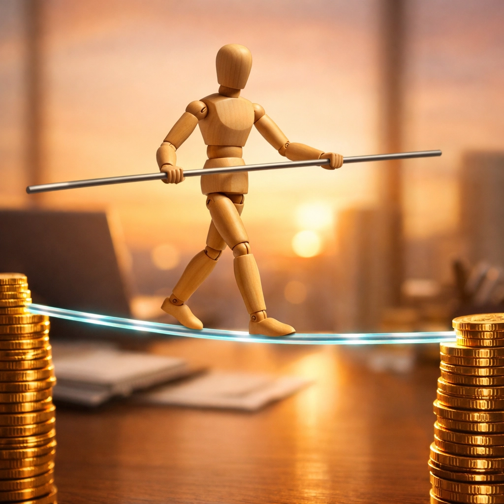 A mannequin balancing on a tightrope between gold coins representing a healthy credit utilization ratio.