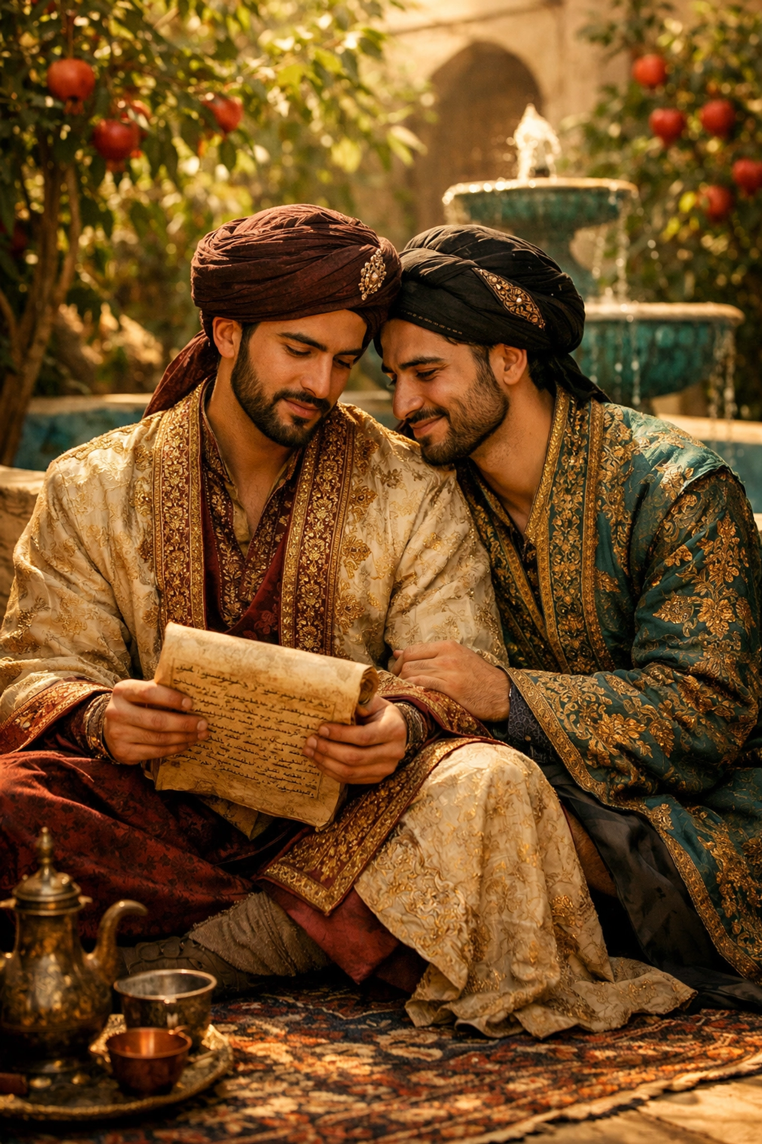 Two men in historical Afghan robes sharing an intimate romantic moment in a lush Persian garden.