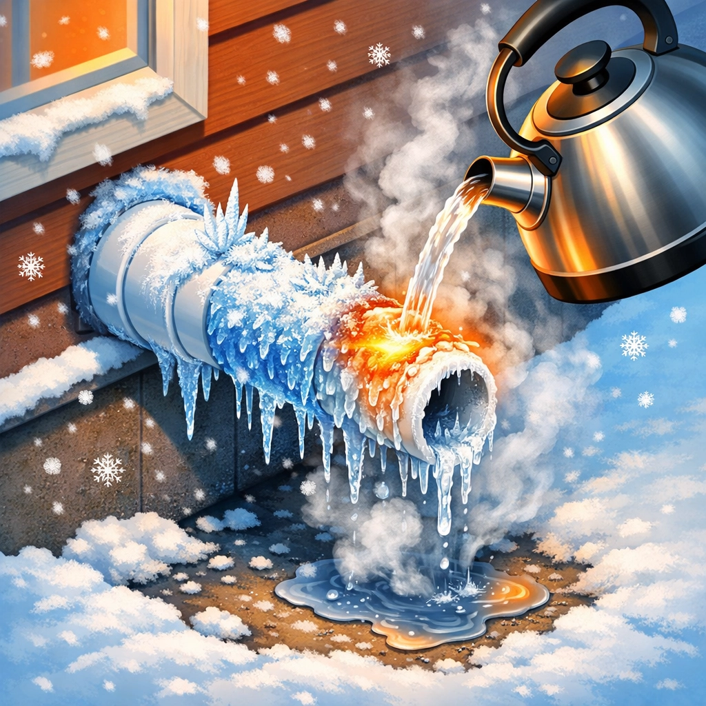 Frozen condensate pipe being thawed during winter boiler repair in Farnham