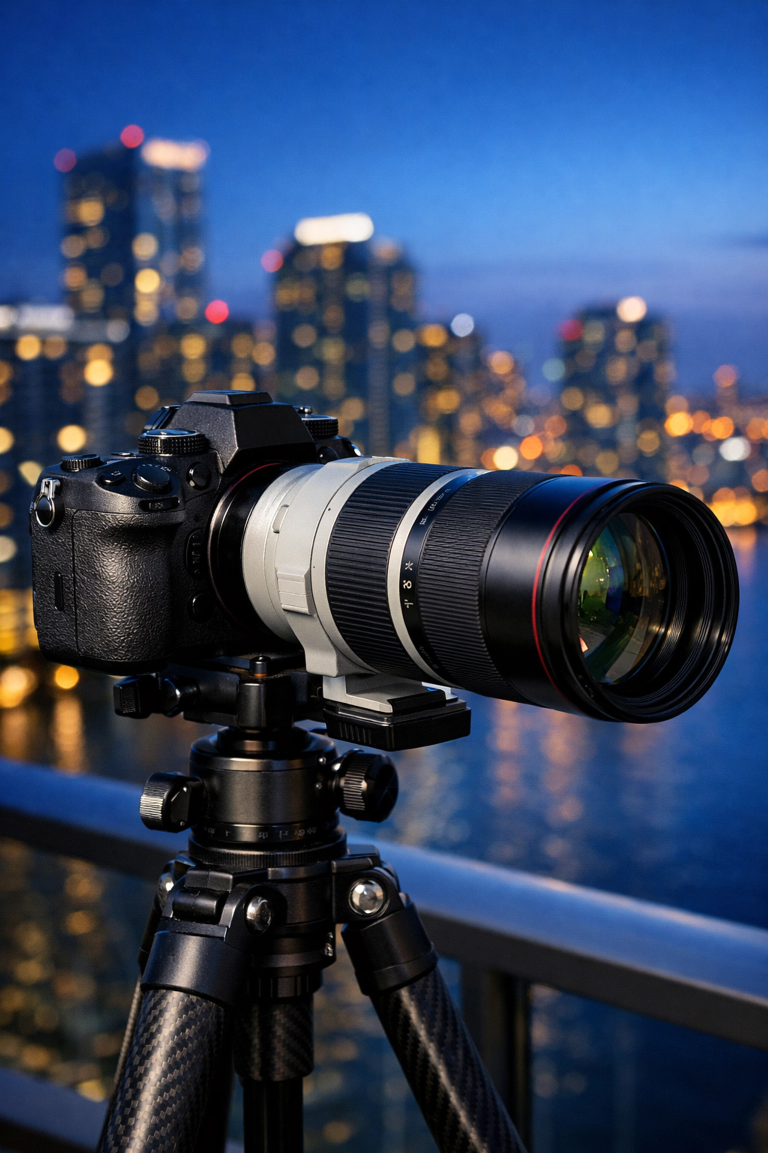 Professional camera setup for a commercial photographer in Miami overlooking the Brickell skyline.