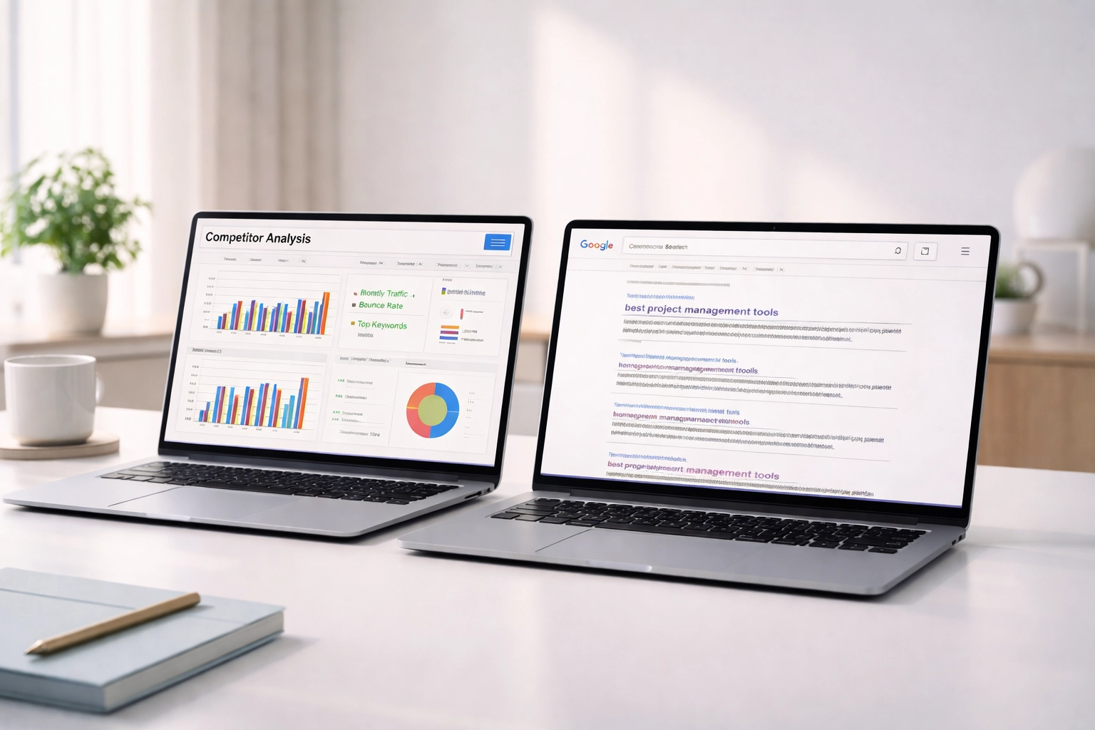 Deux écrans d’ordinateurs présentent l’analyse concurrentielle SEO avec graphiques et résultats de recherche sur un bureau professionnel.