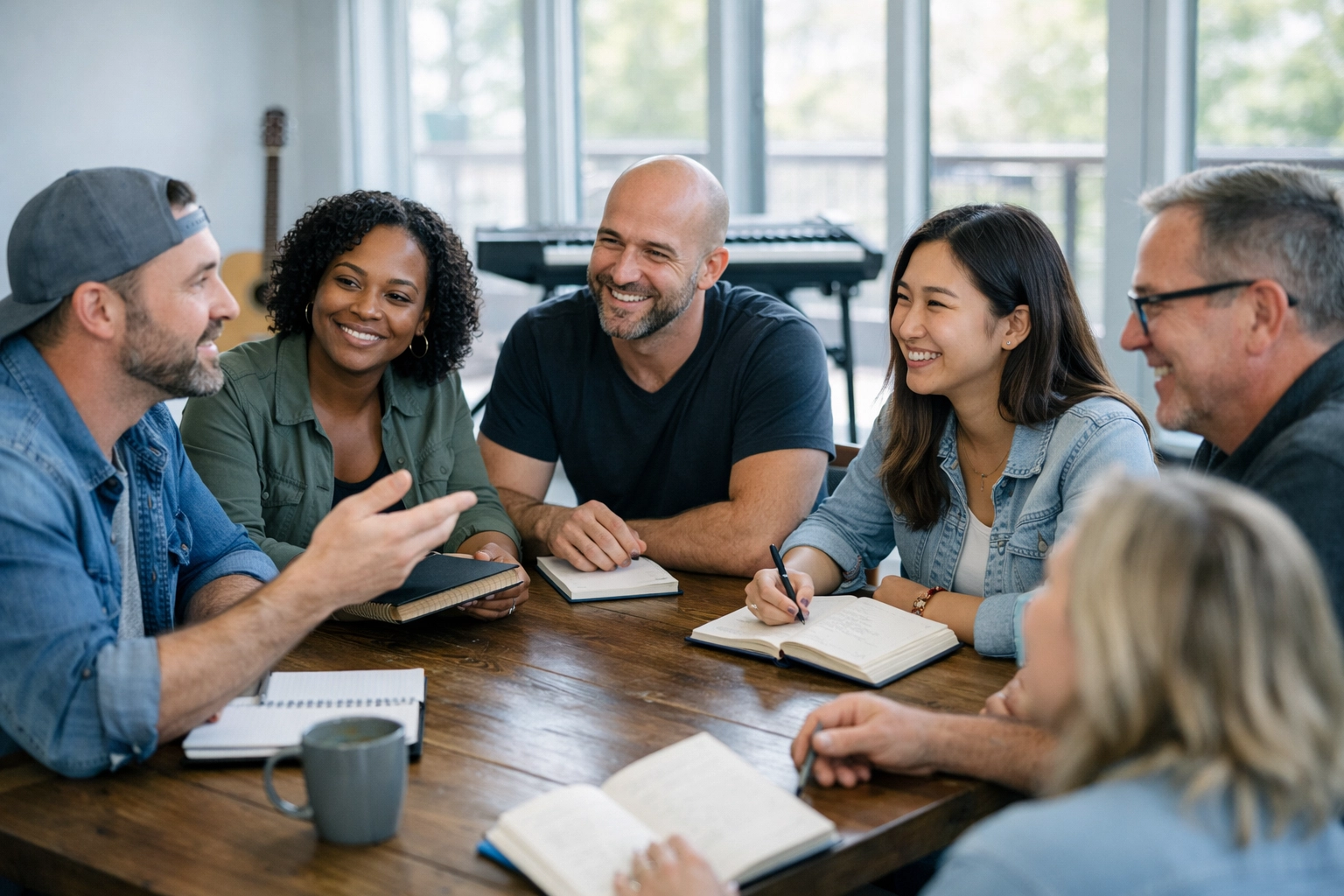 Worship leaders gathering for authentic team meeting and ministry planning discussion