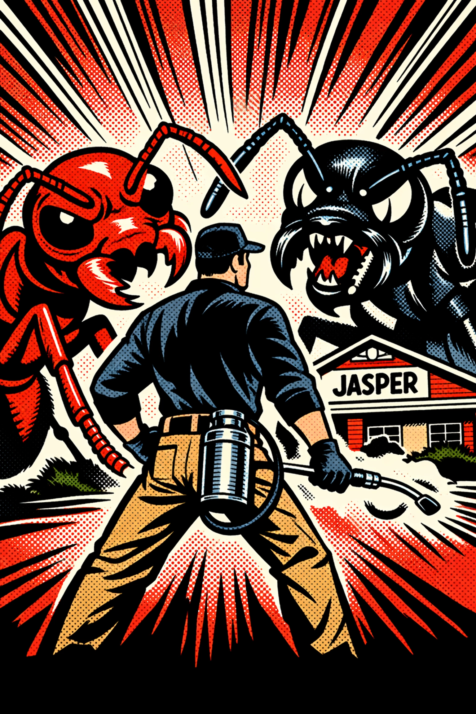 Jasper exterminator protecting a local home from giant fire ants and carpenter ants in a comic art style.