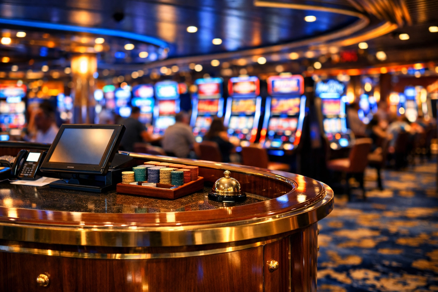 The modernized casino on the Carnival Dream featuring new slot machines and a host station.
