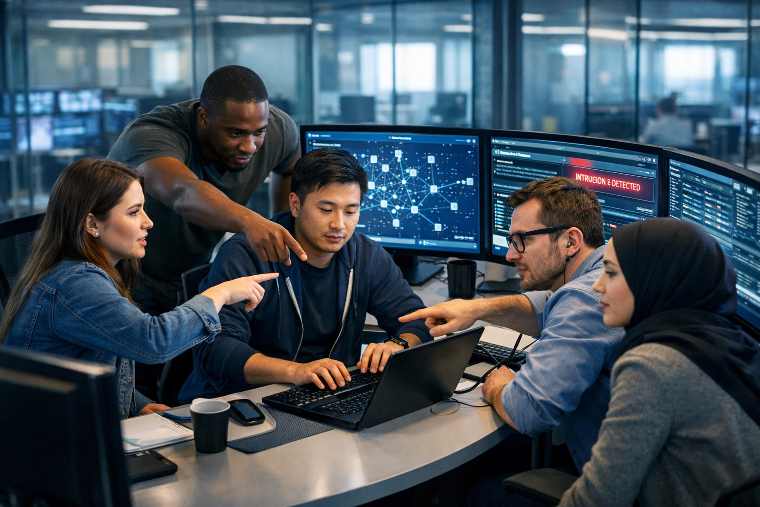 Cybersecurity team collaborating at operations center with multiple security monitors