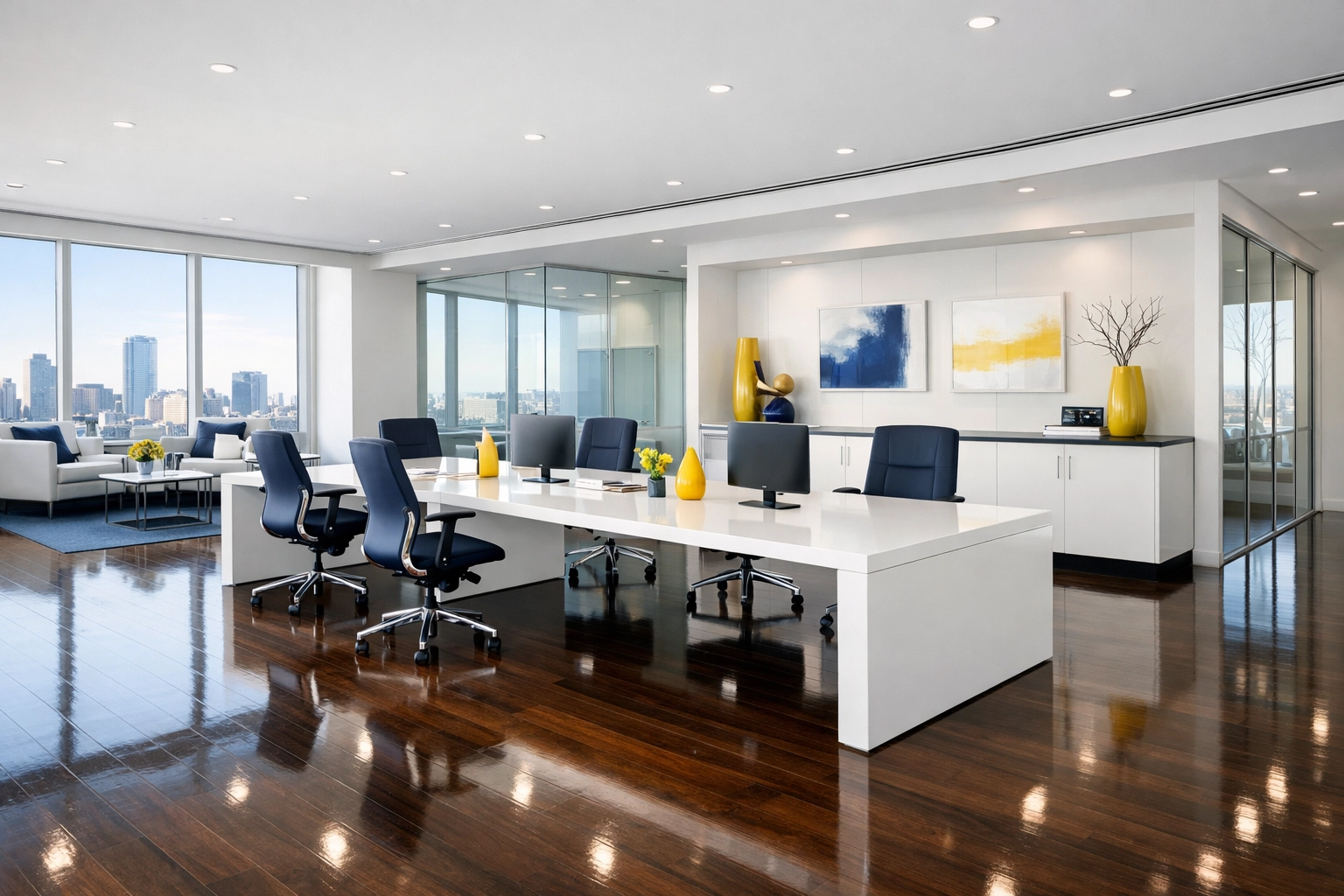 Modern corporate office with clean desks and floors reflecting expert Commercial Cleaning Leominster results.