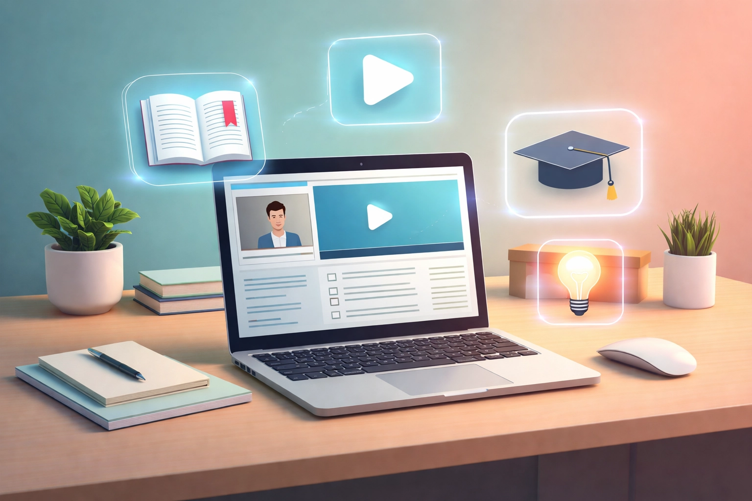 Laptop displaying video course interface surrounded by digital product icons like eBooks and tutorials