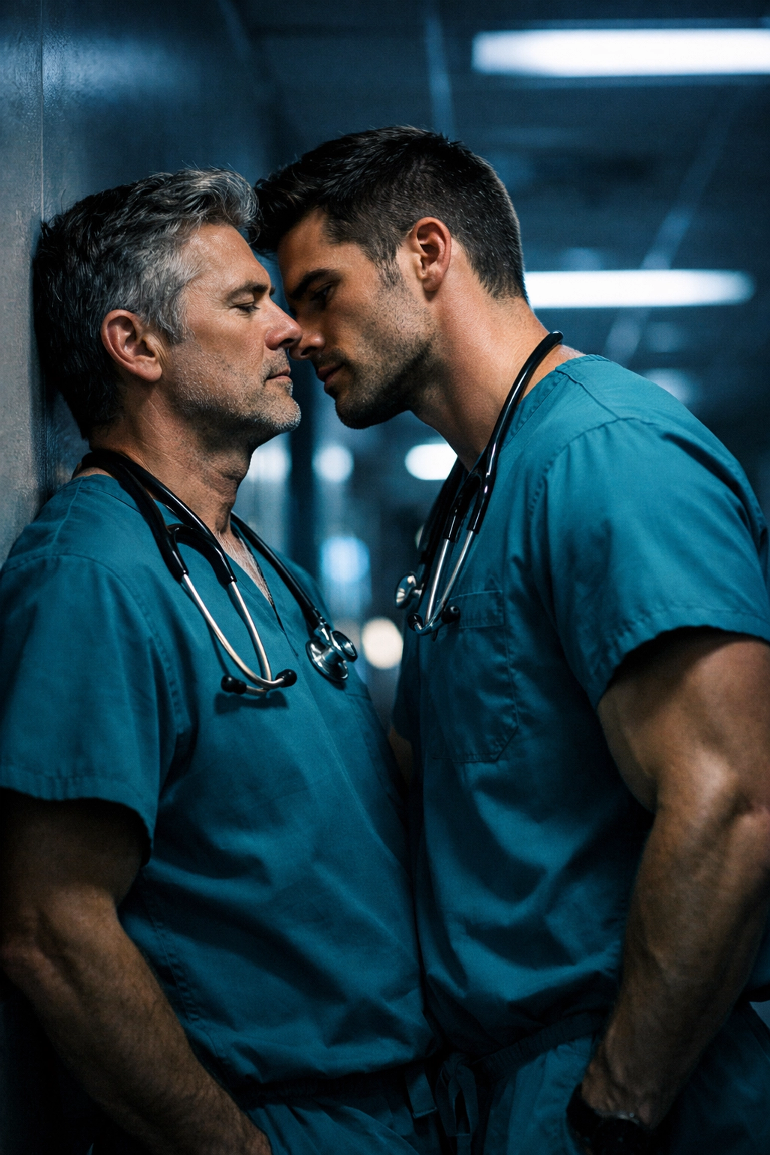 Two male doctors share a tense, romantic moment in a dark hospital hallway, perfect for fans of gay romance novels.
