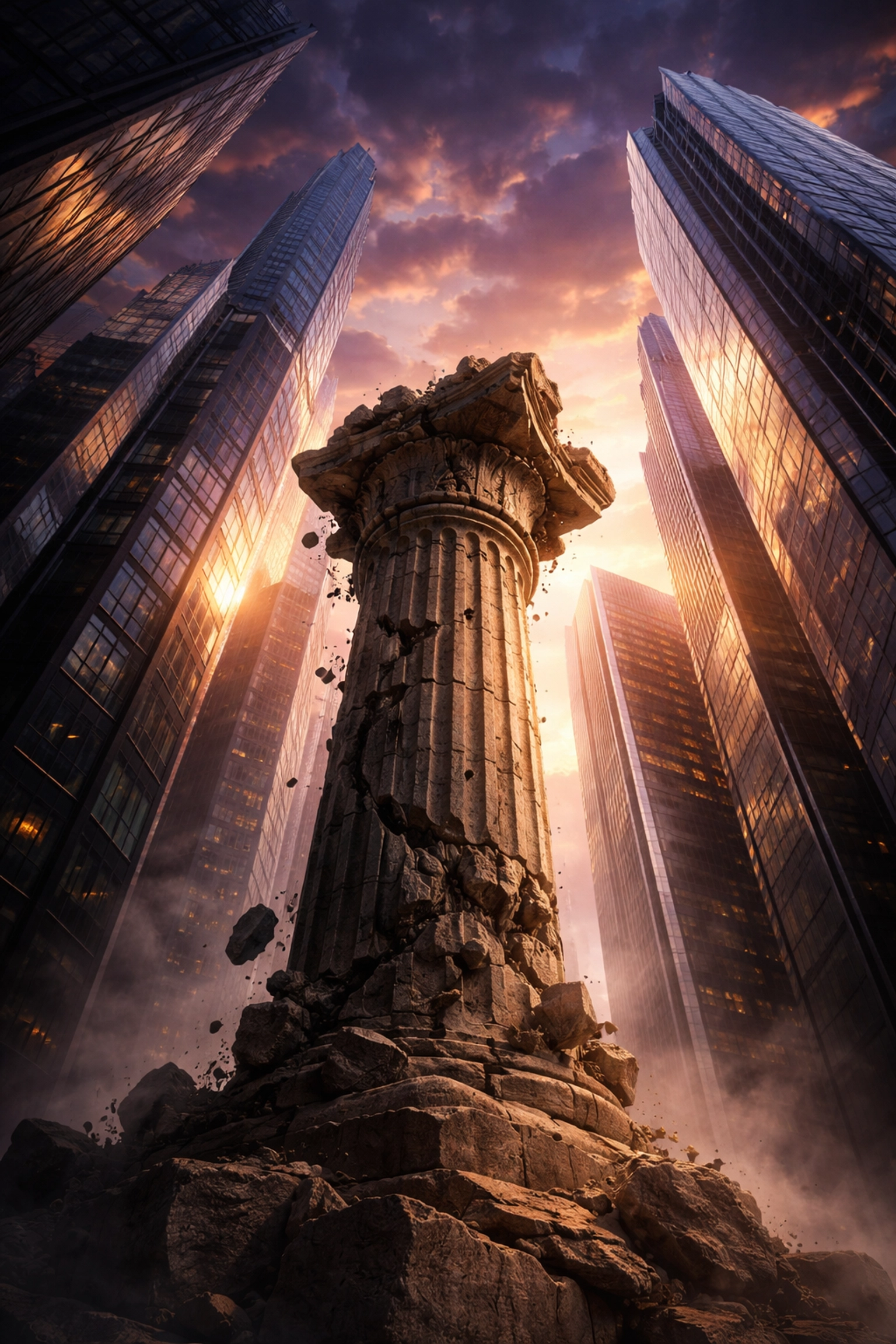 Illustration of evolving investment strategies showing modern structures replacing an old pillar, symbolizing shift from traditional 60/40 portfolios to private equity diversification.