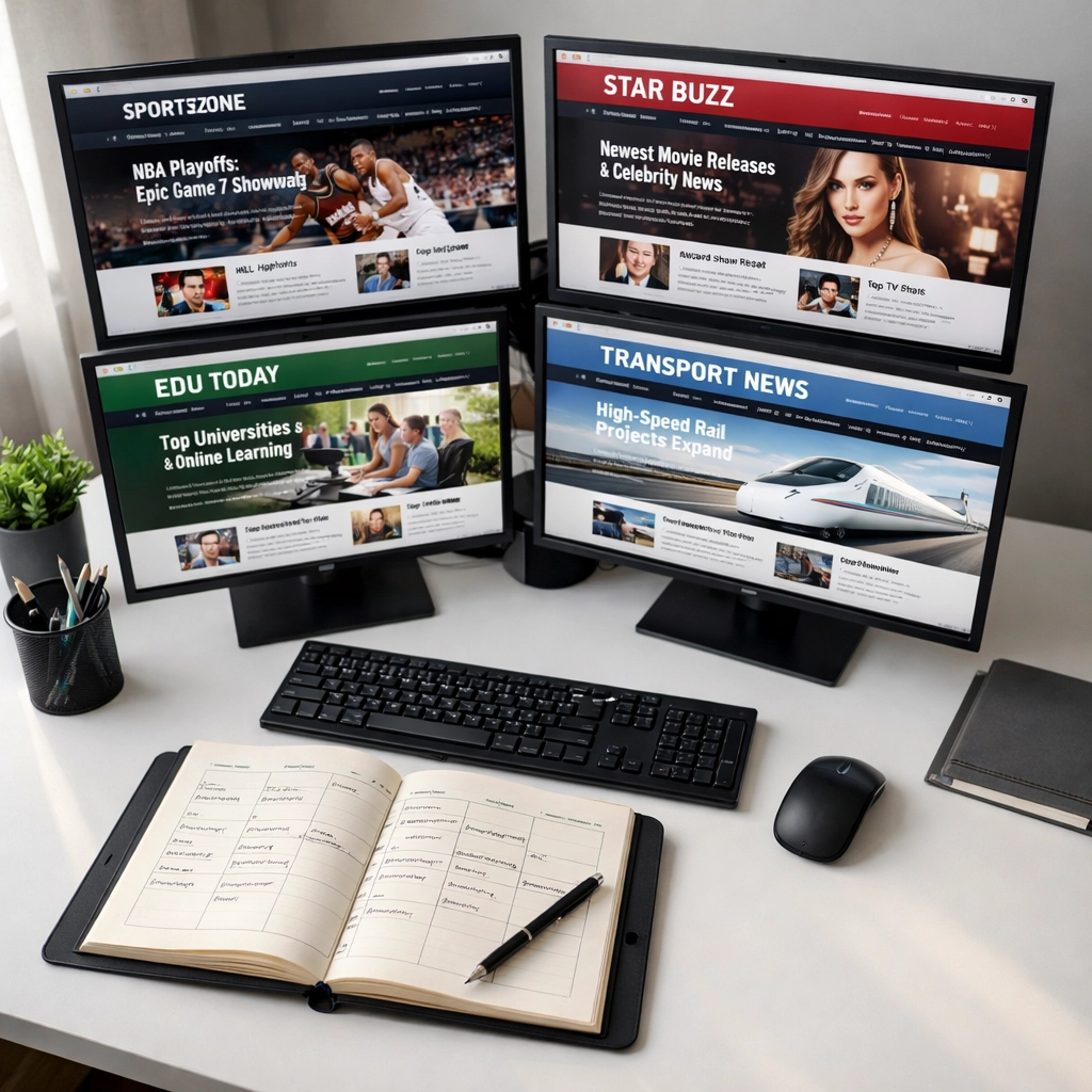 Multi-screen workspace showing Dakdan's daily rotation across sports, entertainment, and education industries