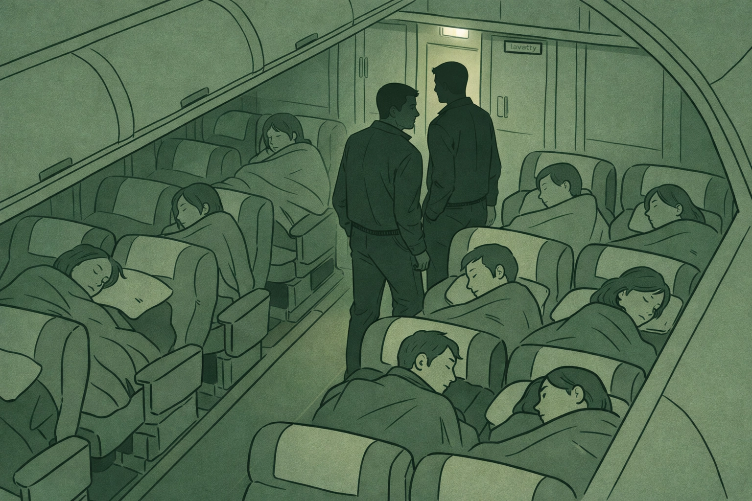 Nighttime airplane cabin with two men meeting near lavatory while passengers sleep