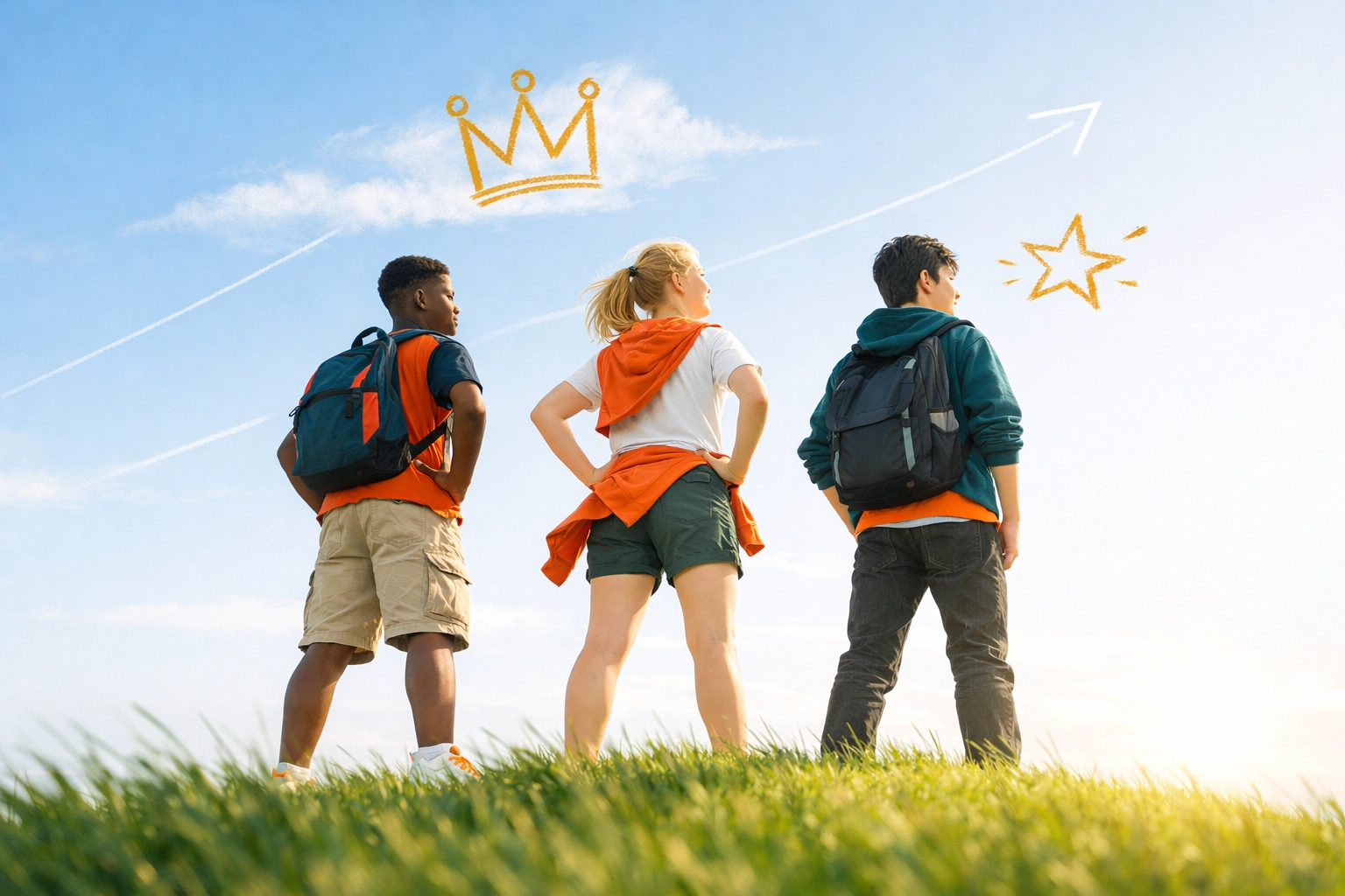 Empowered teenagers looking toward a bright horizon, ready to become leaders through life skills training.