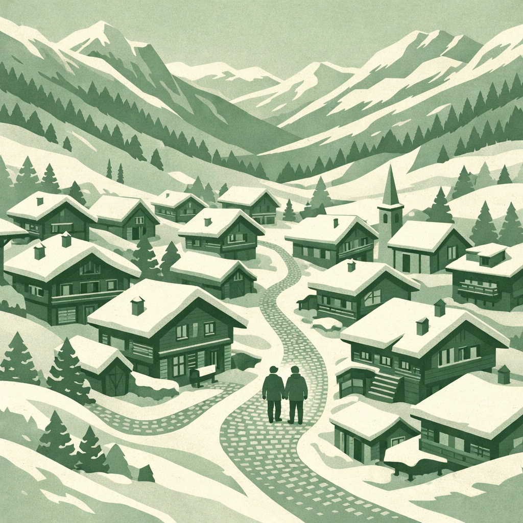 Aerial view of car-free Swiss Alpine village with two men walking through cobblestone streets