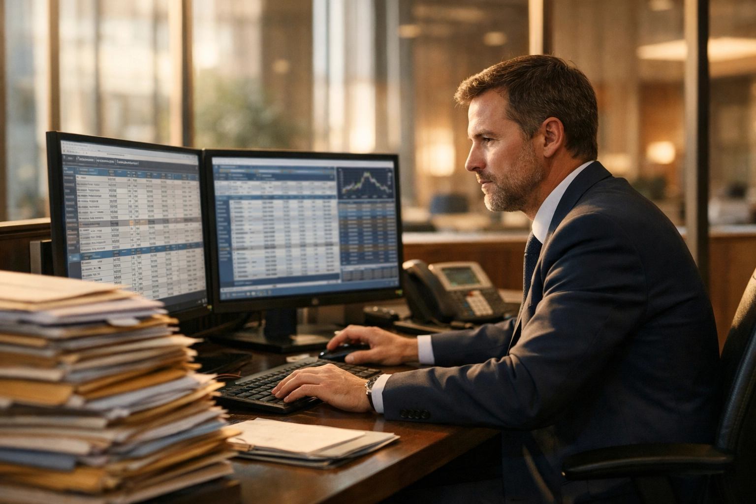 Bank employee focused on mundane data entry tasks that AI can automate to reclaim time for service.