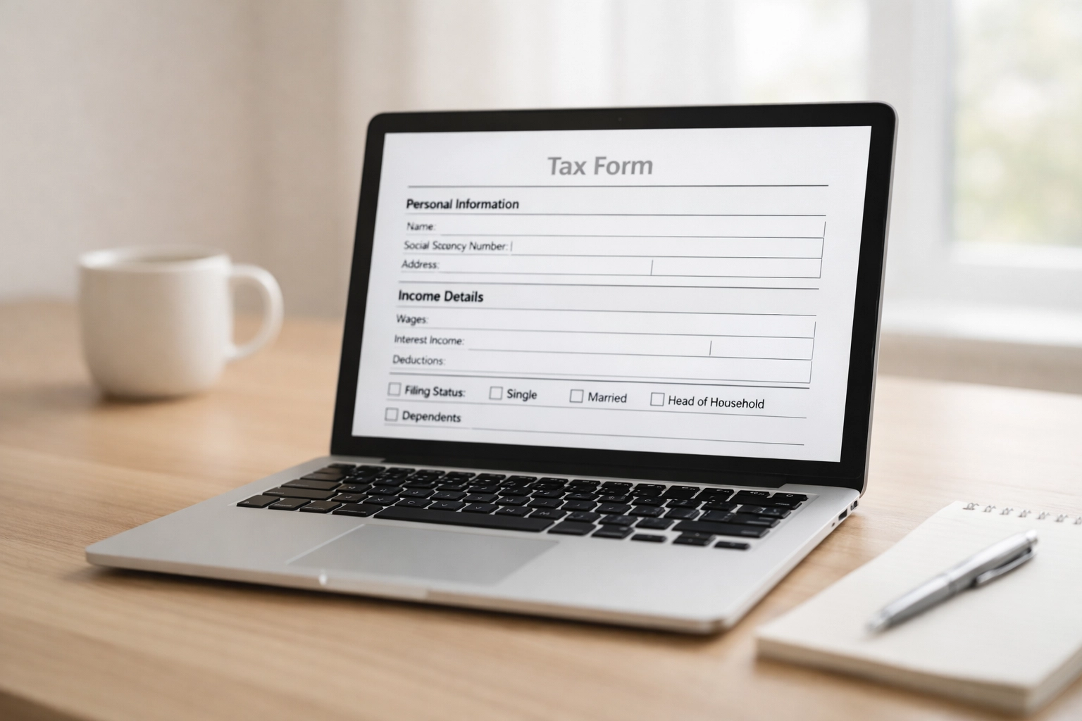 Tax preparer working on tax forms on laptop in home office