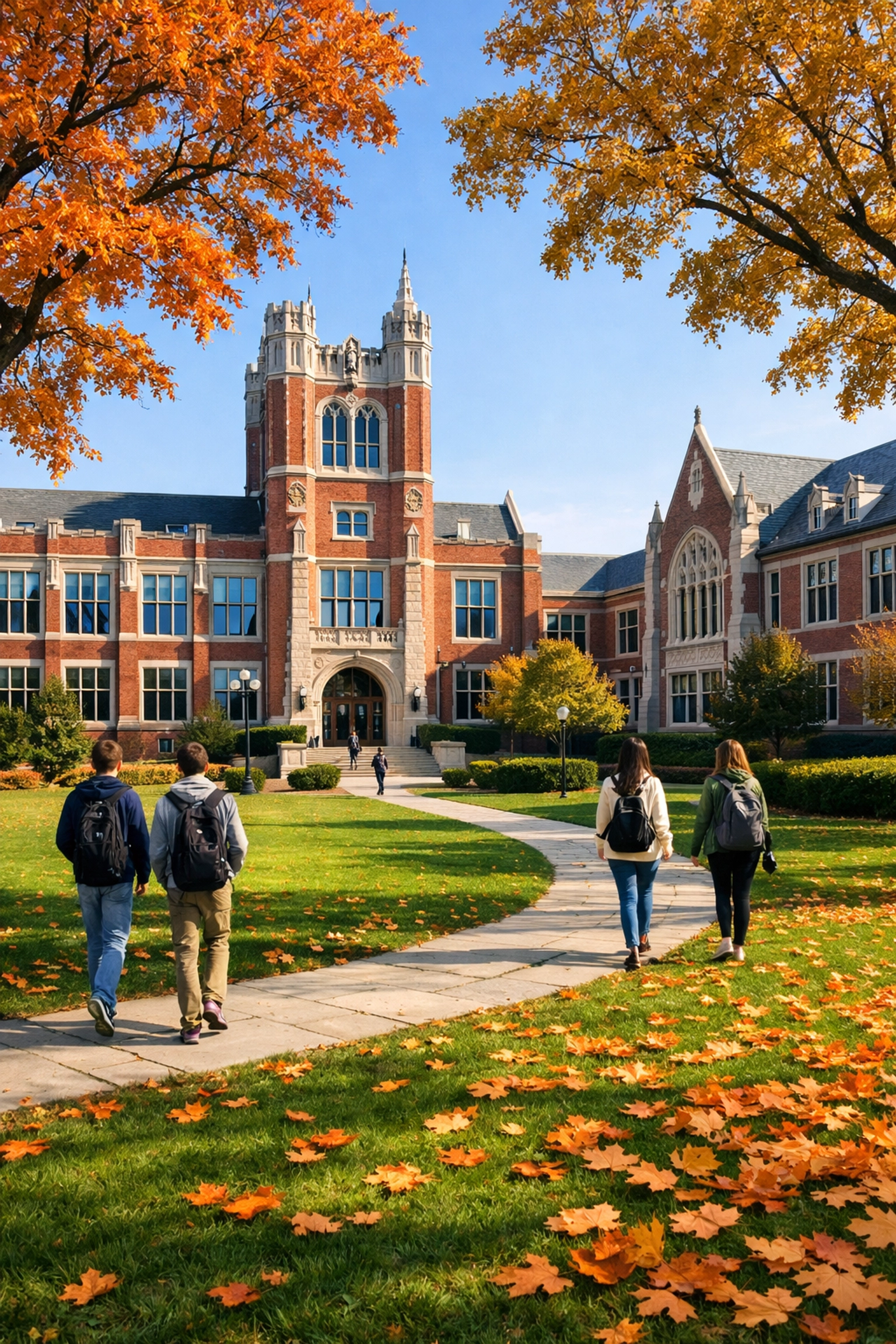 Classic brick high school architecture in Winnetka, a top-rated Chicago North Shore suburb during autumn.