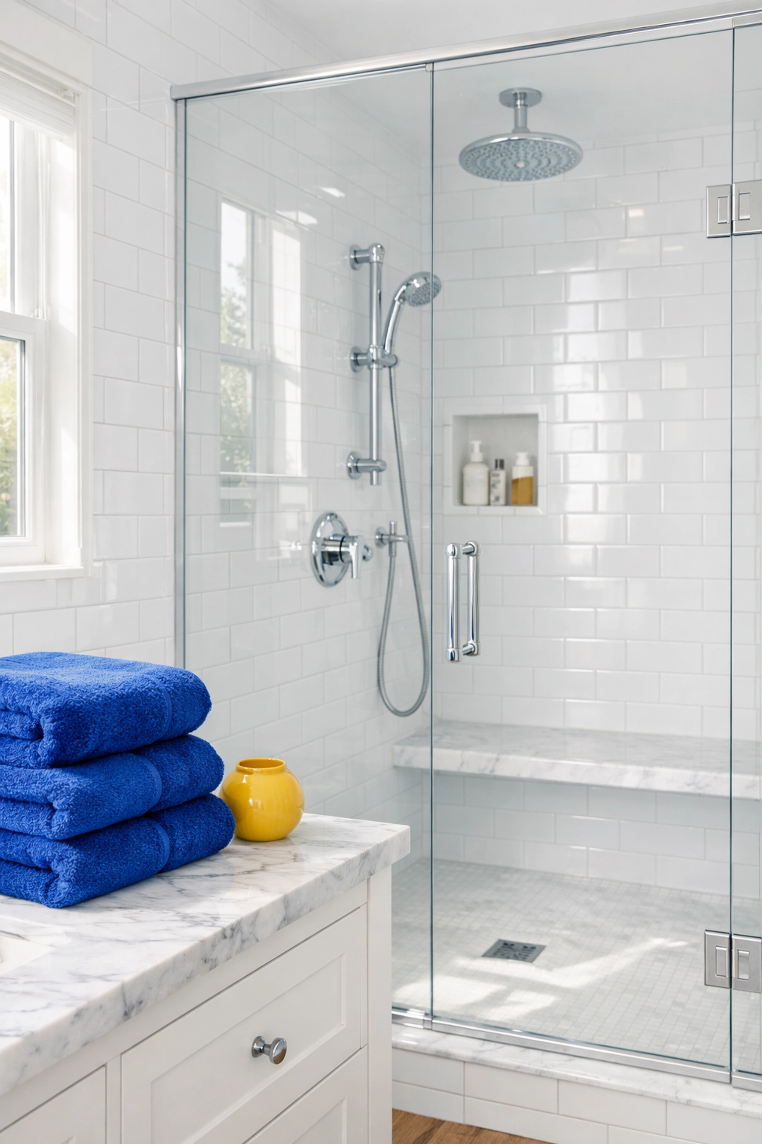 Sparkling clean bathroom tiles and glass from eco-friendly house cleaning in Leominster MA.