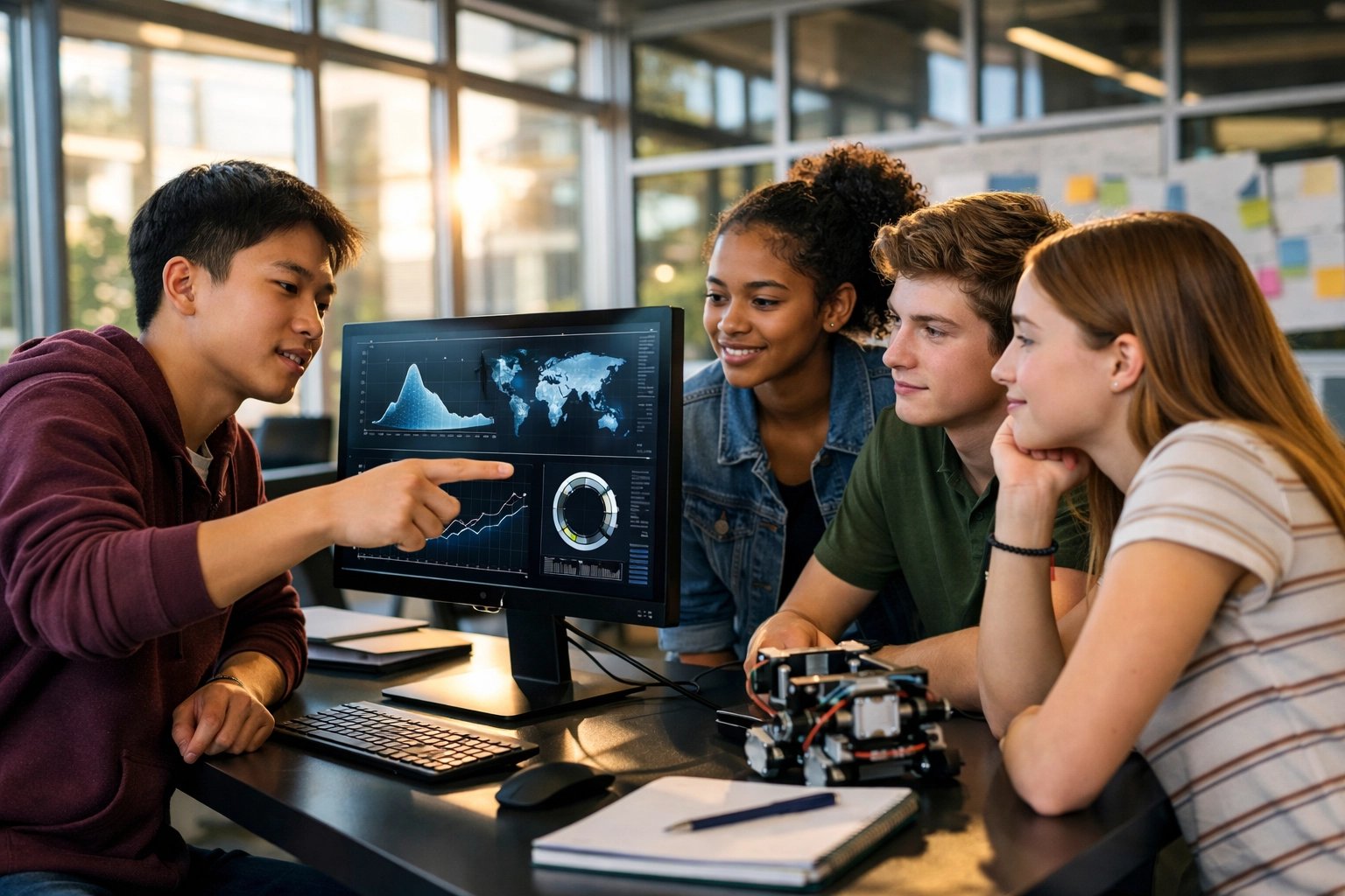 High school students collaborating on data visualization projects in a modern tech innovation hub.