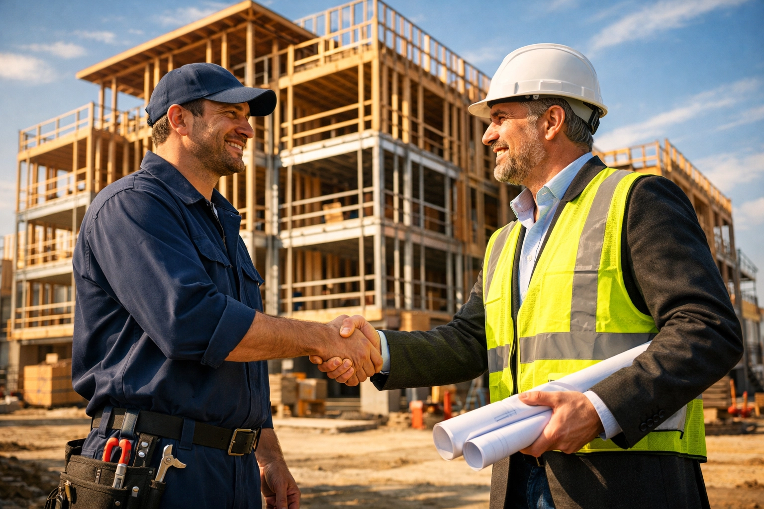 Reliable plumbing contractor and developer shaking hands at a multi-family construction site.