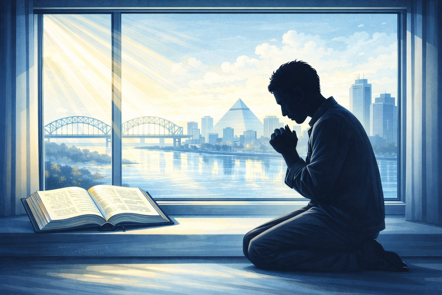 Person praying with Bible overlooking Memphis seeking God's calling to serve