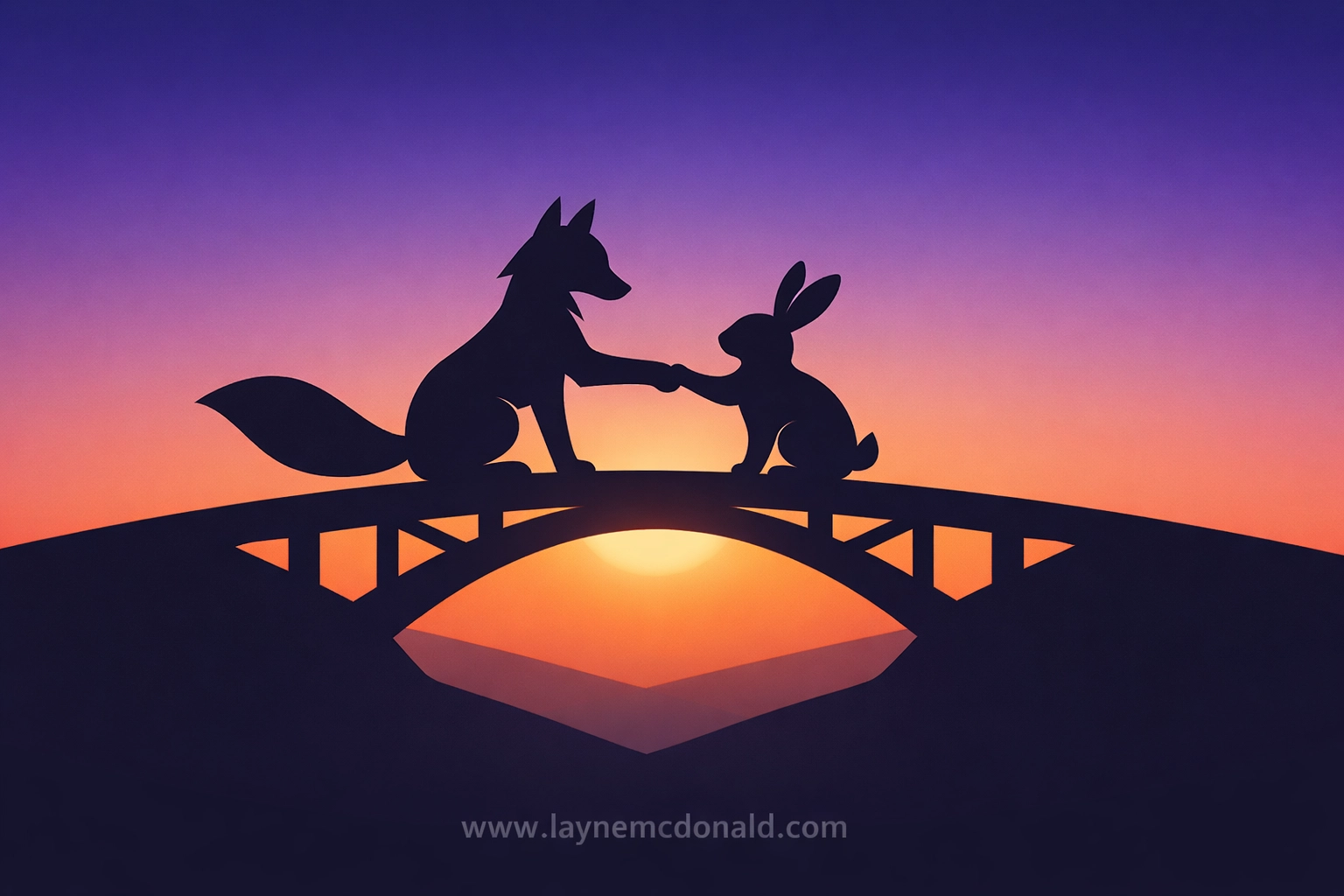Two animal characters reconciling on a bridge, symbolizing healthy conflict resolution at www.laynemcdonald.com.