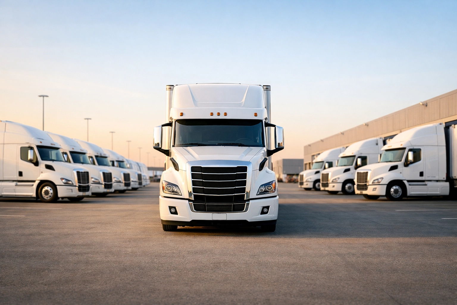 A fleet of white semi-trucks at a terminal illustrating fleet expansion through specialized trucking loans.