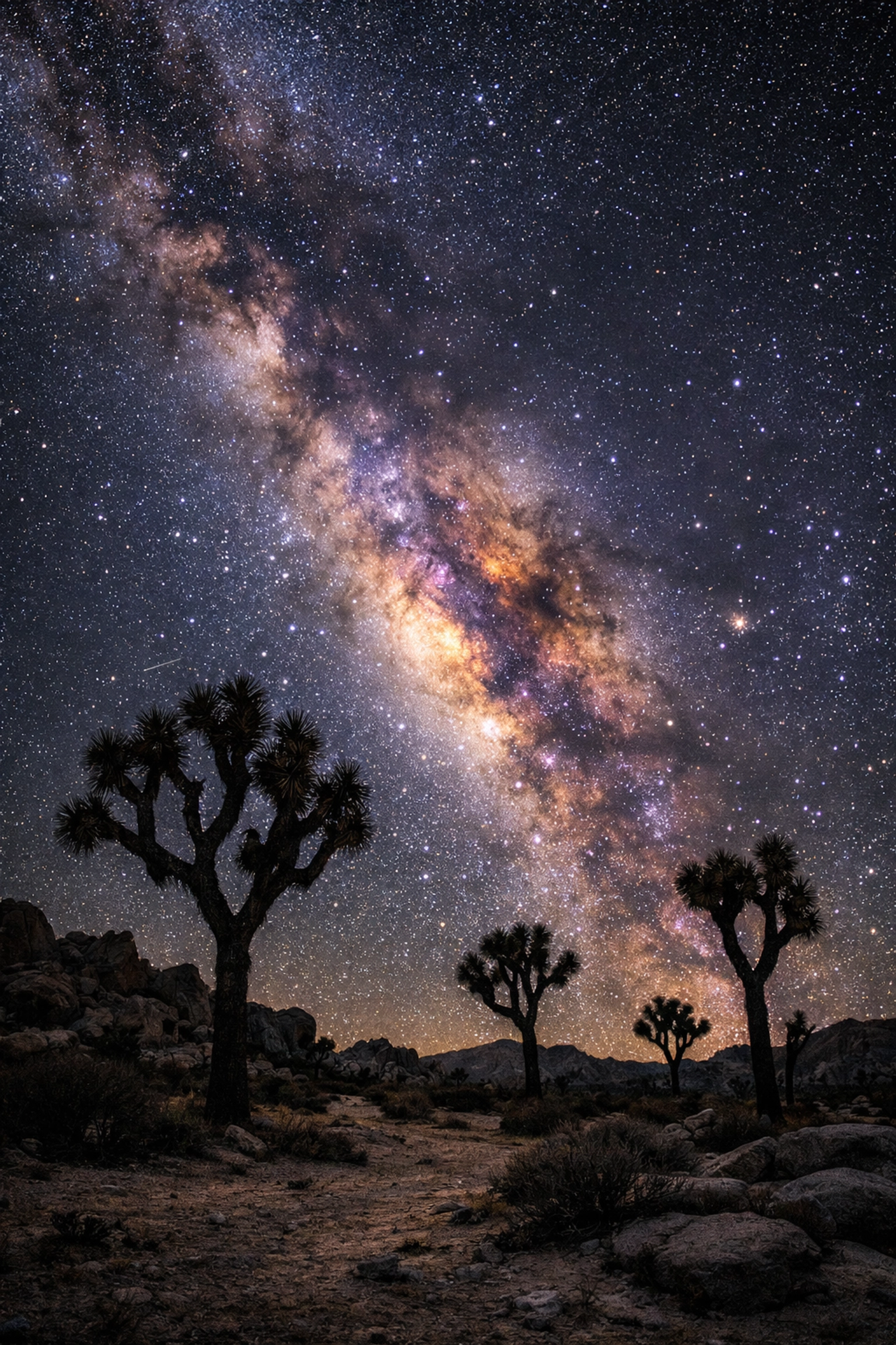 Night landscape photography featuring the Milky Way over iconic silhouettes in Joshua Tree National Park.
