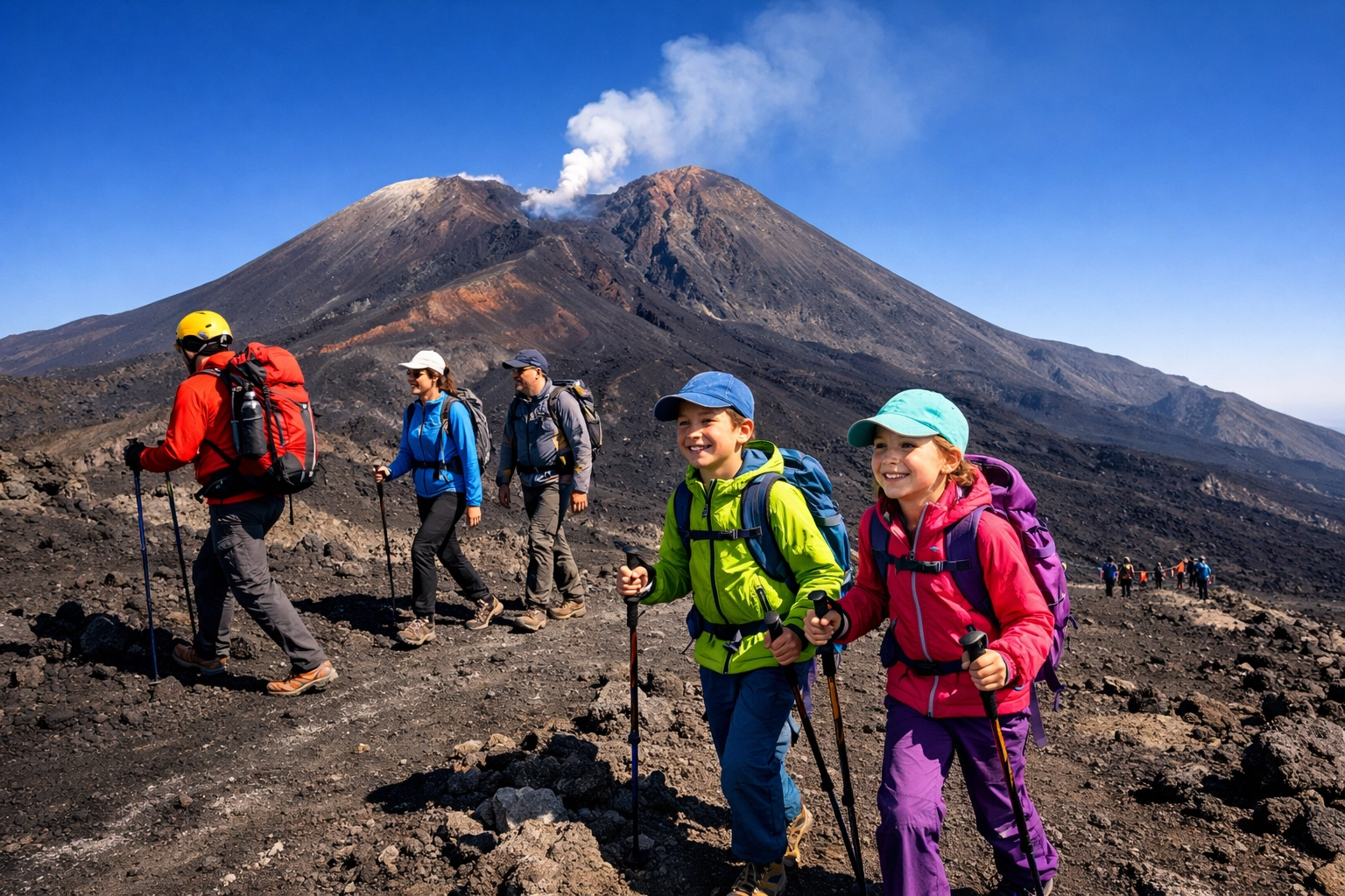 A family on a guided volcano trek, showing engaging adventure tour activities for family travel.