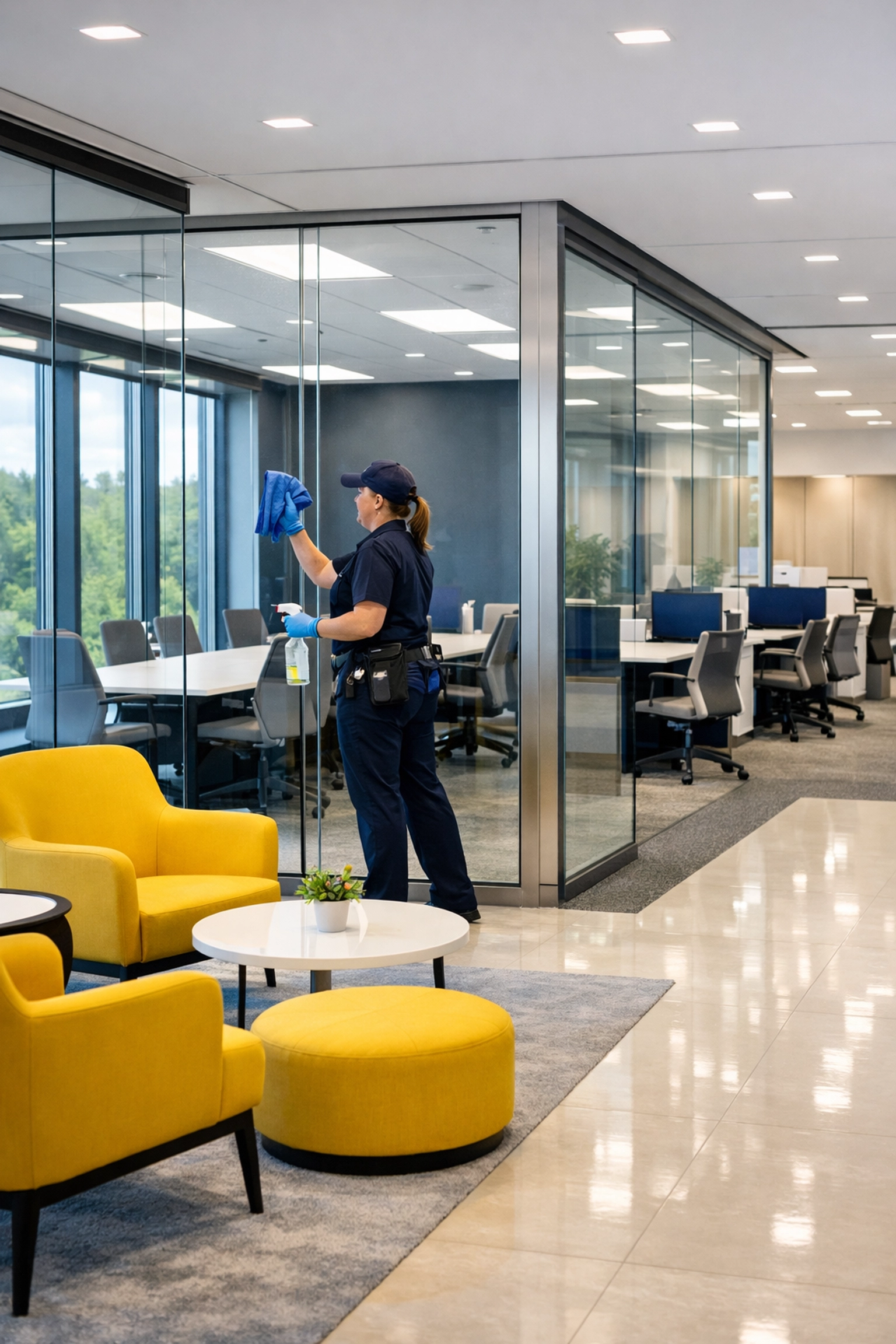 Commercial cleaning professional sanitizing a modern office space in Westford, Massachusetts for a pristine workspace.