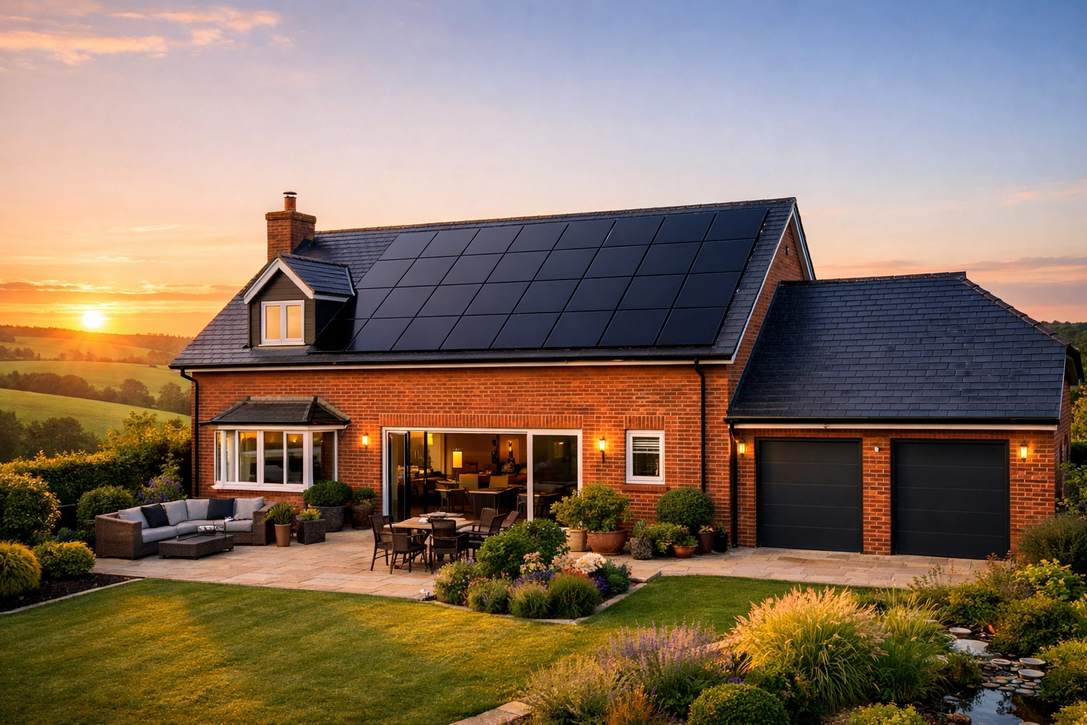 Modern UK home with black solar panels in South England providing renewable energy independence.