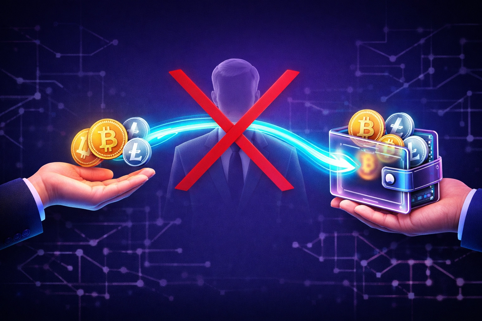 Direct crypto wallet-to-wallet payment bypassing middleman processors for self-custody