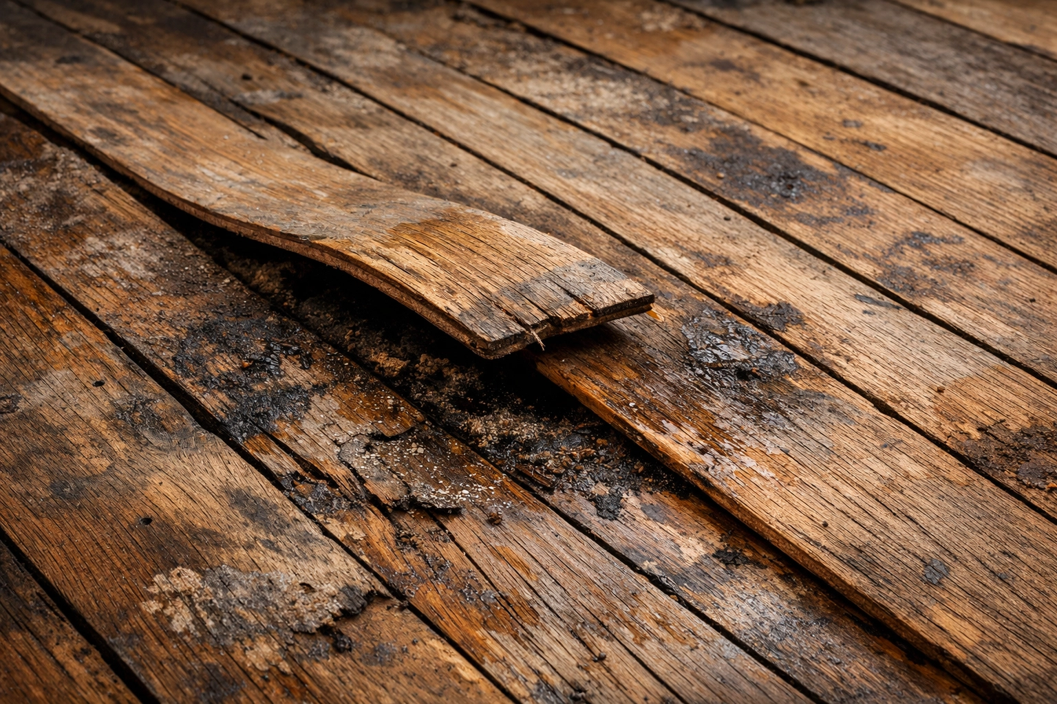 Water-damaged warped hardwood flooring showing structural damage