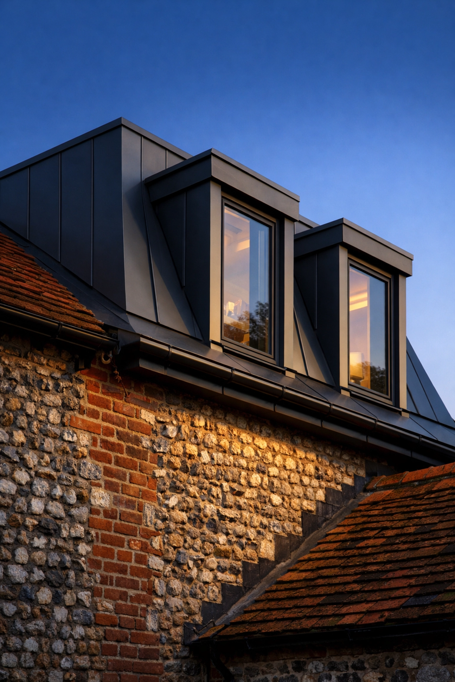 Close-up of a second-floor extension featuring traditional Sussex flint and modern zinc roofing.