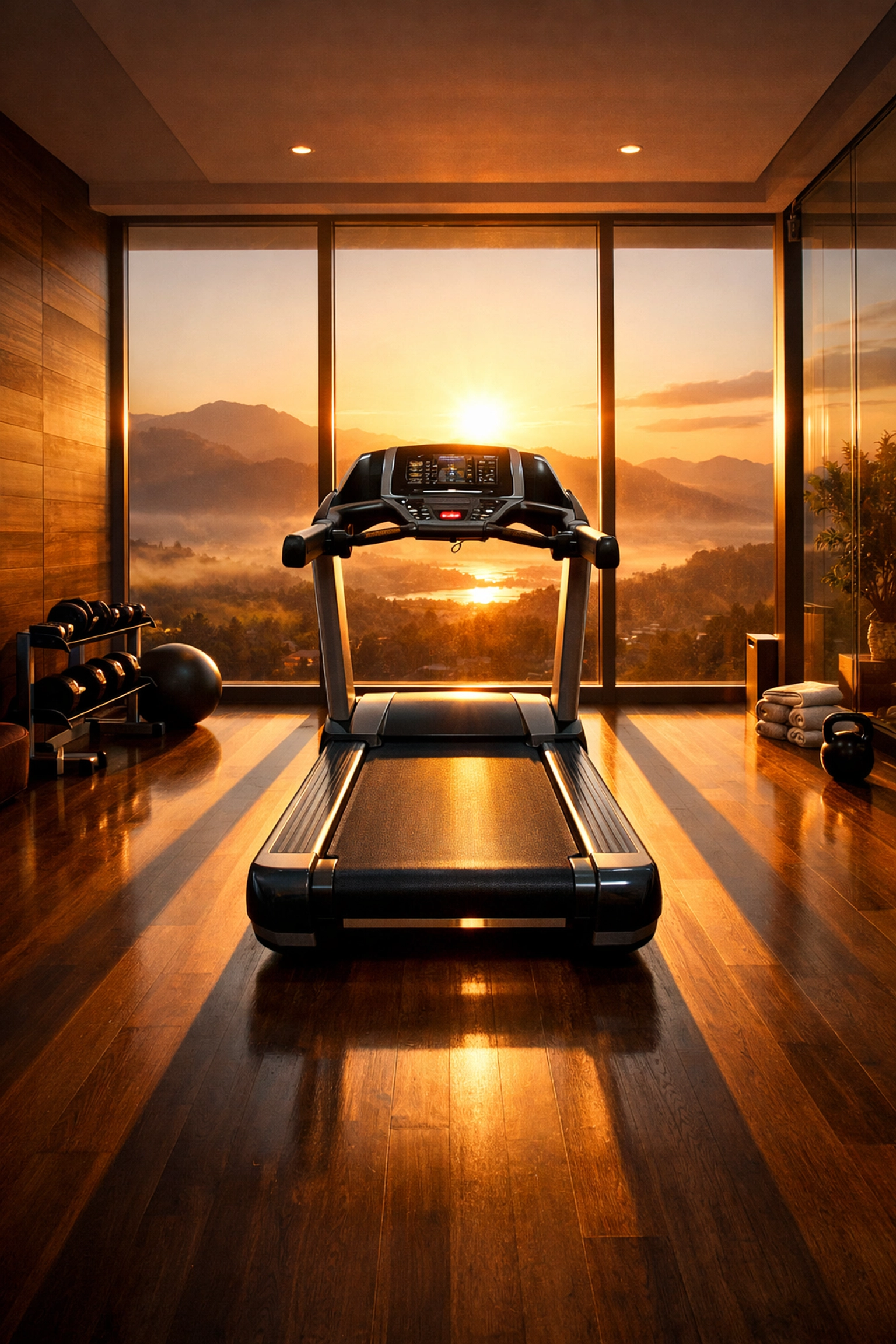 Well-maintained treadmill in a luxury home gym, showcasing professional repair and maintenance services.