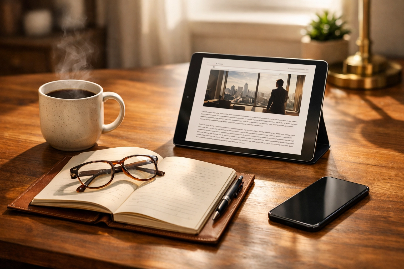 A calm desk setup with a news tablet and journal, emphasizing deep-dive reading for midday updates.