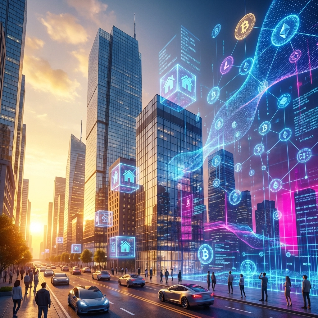 Modern city skyline blending into a digital landscape, illustrating the convergence of crypto and real estate investing.
