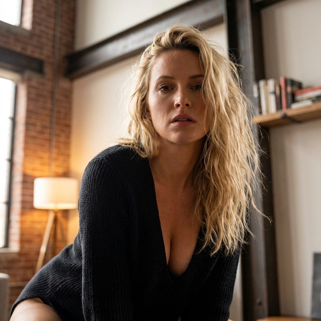 Raw close-up of a topless blonde model with a sexy gaze in an industrial loft setting.