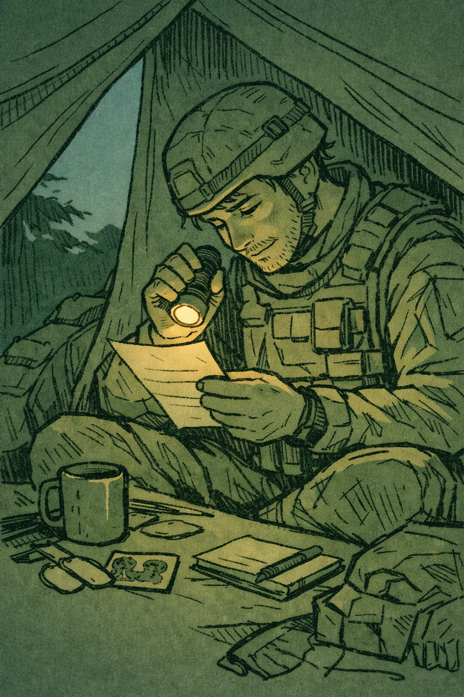 Deployed soldier reading emotional letter by flashlight in combat tent