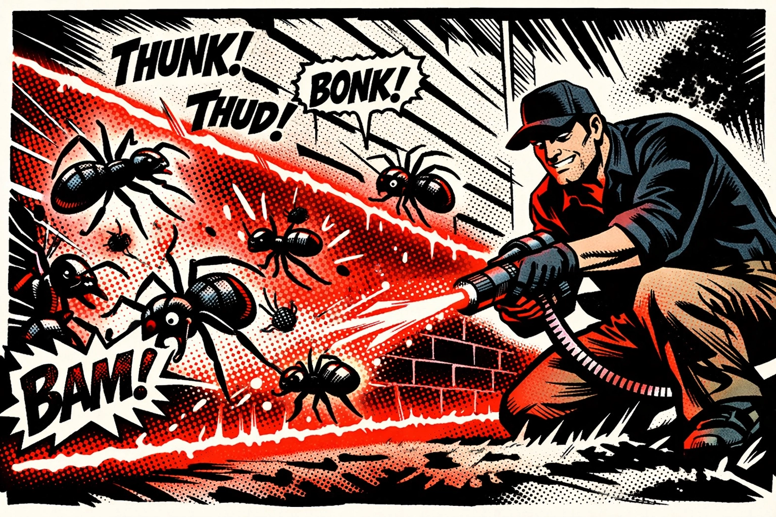 Jasper AL exterminator applying a 3ft up and 3ft out protective barrier against spiders and ants.