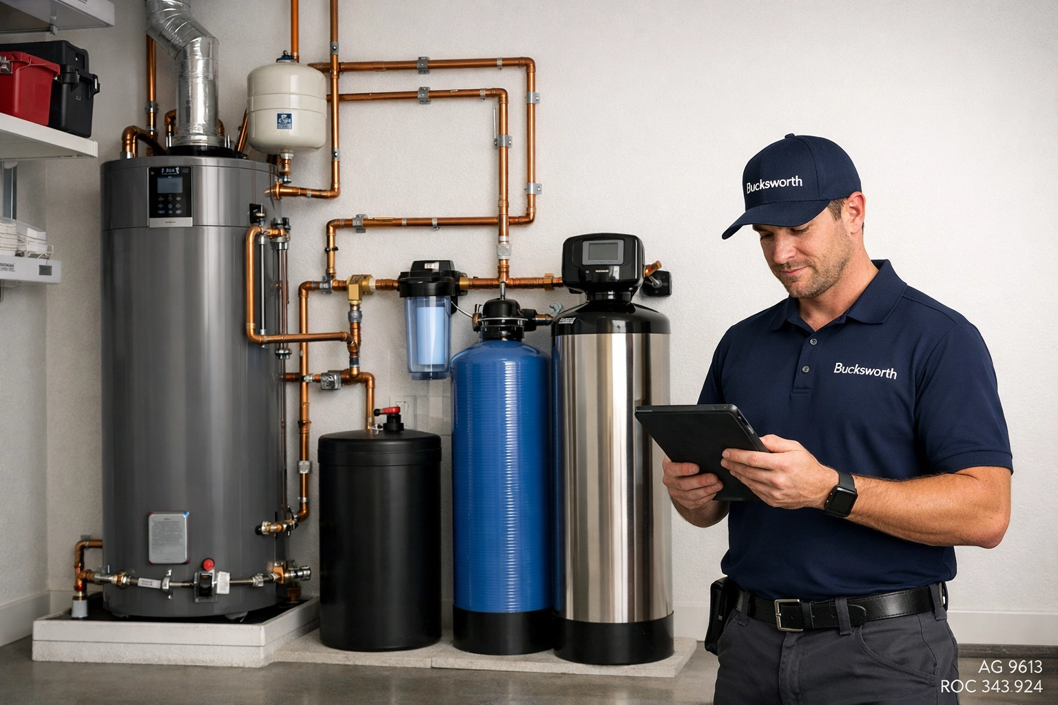 Bucksworth technician inspecting a professional water heater and filtration system installation in Gilbert.