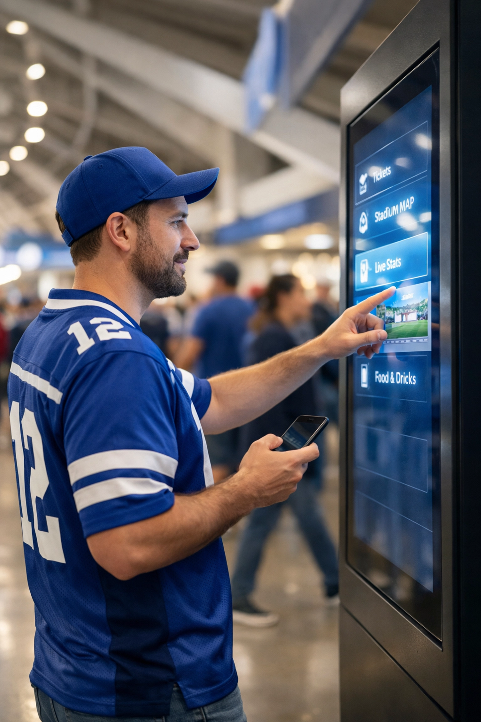 Sports fan using a smartphone to interact with an interactive digital kiosk in a modern stadium concourse.