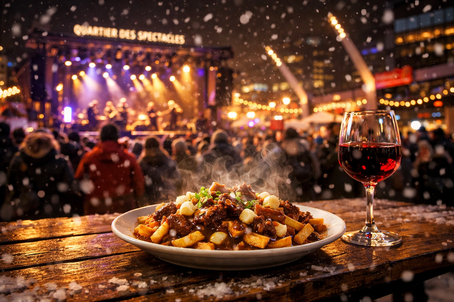 Outdoor winter dining with poutine and wine at Montréal en Lumière in the Quartier des Spectacles.