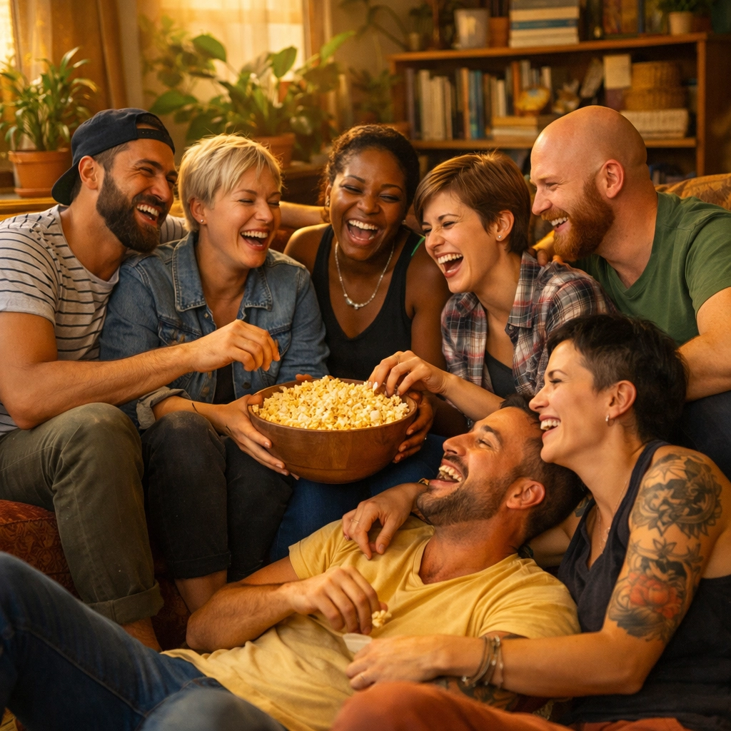 A group of LGBTQ+ friends laughing together, illustrating the joy of building a supportive queer chosen family.