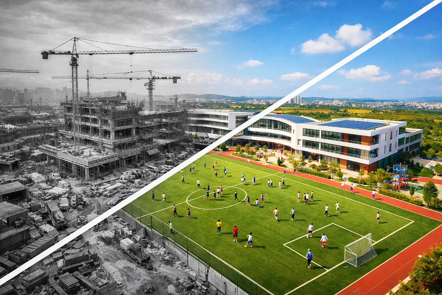 Aerial rephotography split screen showing the before and after transformation of a school construction site.