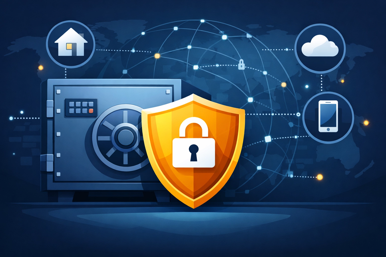 Digital safe with high-level encryption icons representing secure virtual tax preparation data.