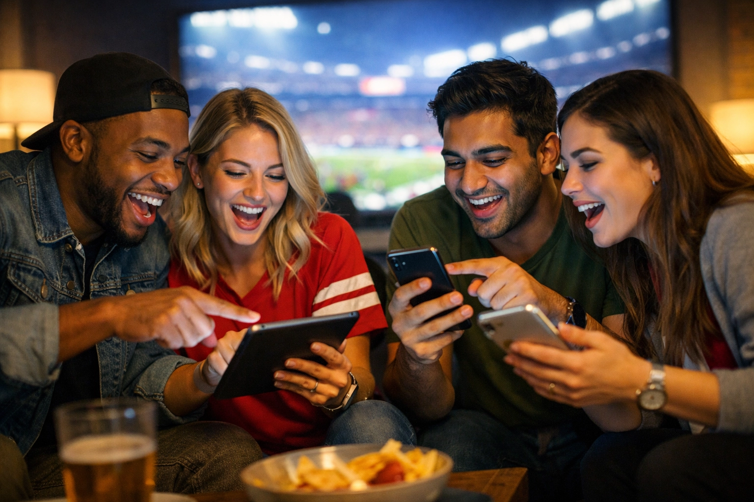 Excited sports fans using smartphones for second screen engagement during a Super Bowl brand campaign
