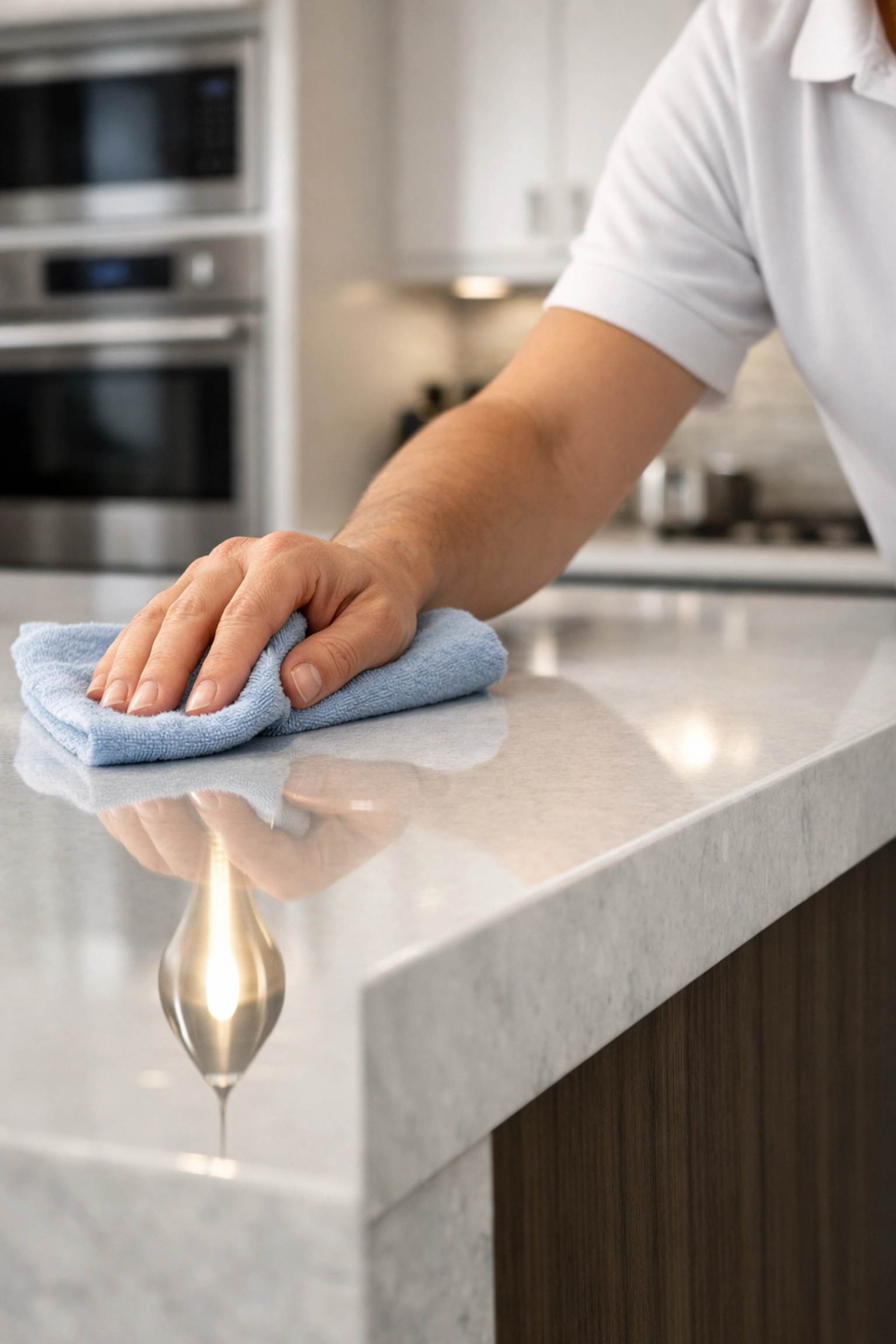 Close-up of a professional cleaner polishing a quartz kitchen island in a modern Lincoln home.