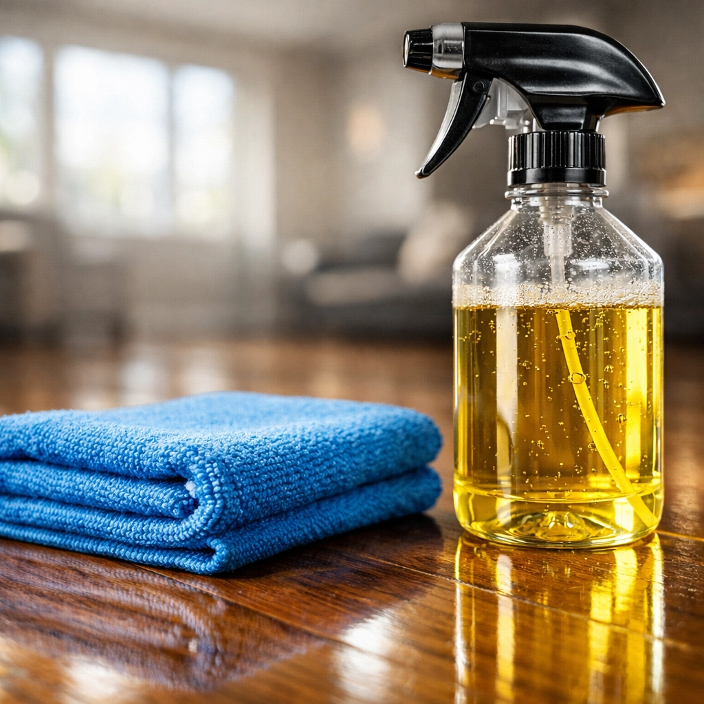 High-end cleaning supplies on a polished floor for a professional move-out cleaning Cambridge session.